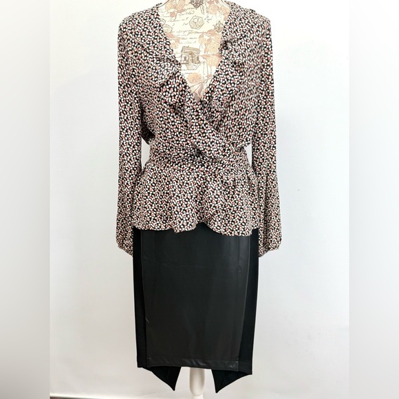 MAX STUDIO Black pink white floral print surplice tie waist top size L - Picture 2 of 13